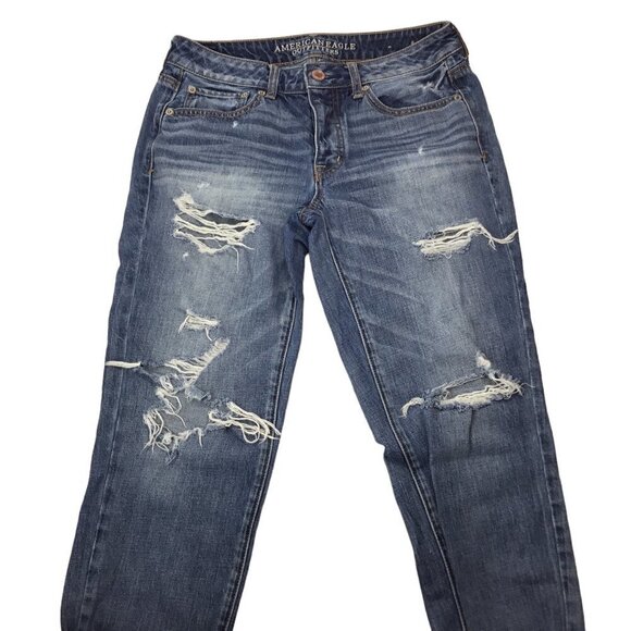 American Eagle Boy Crop Jeans Size 6 Regular Distressed Blue Denim Button Fly - Picture 2 of 8